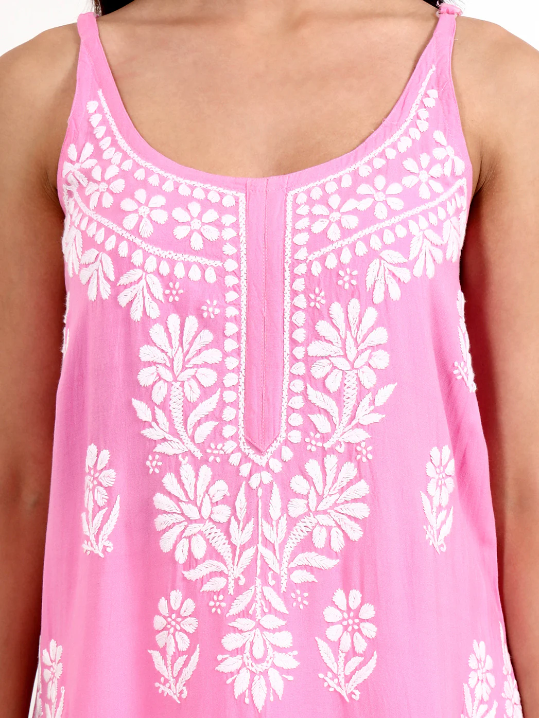 Kamya Rayon Chikankari Strappy Long Kurta - Baby Pink - Image 2
