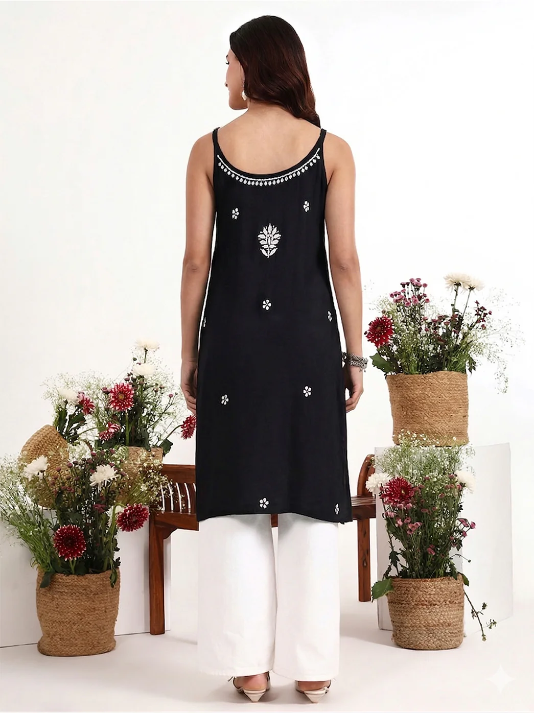 Kamya Rayon Chikankari Strappy Long Kurta - Black - Image 3