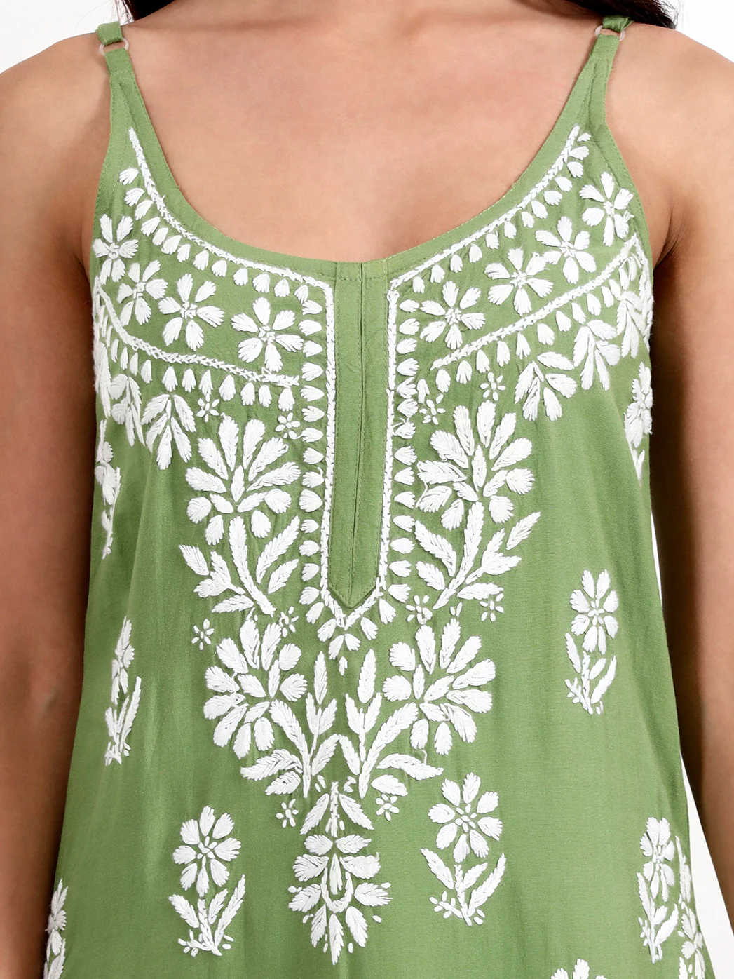 Kamya Rayon Chikankari Strappy Long Kurta - Green - Image 2