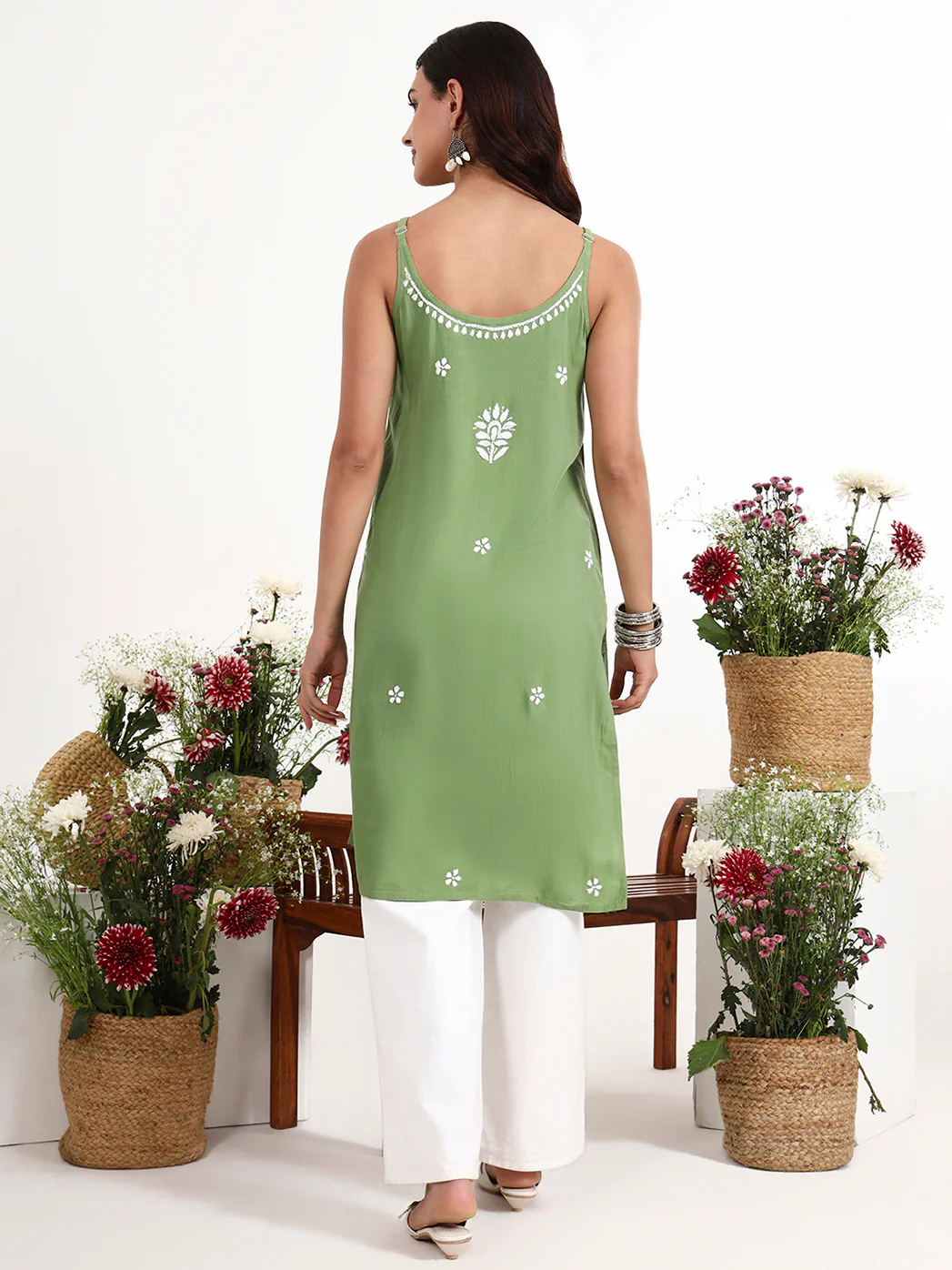 Kamya Rayon Chikankari Strappy Long Kurta - Green - Image 3