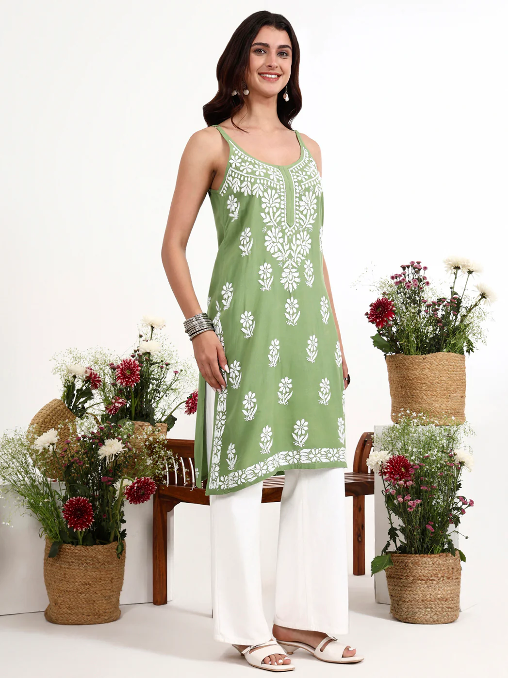 Kamya Rayon Chikankari Strappy Long Kurta - Green - Image 5