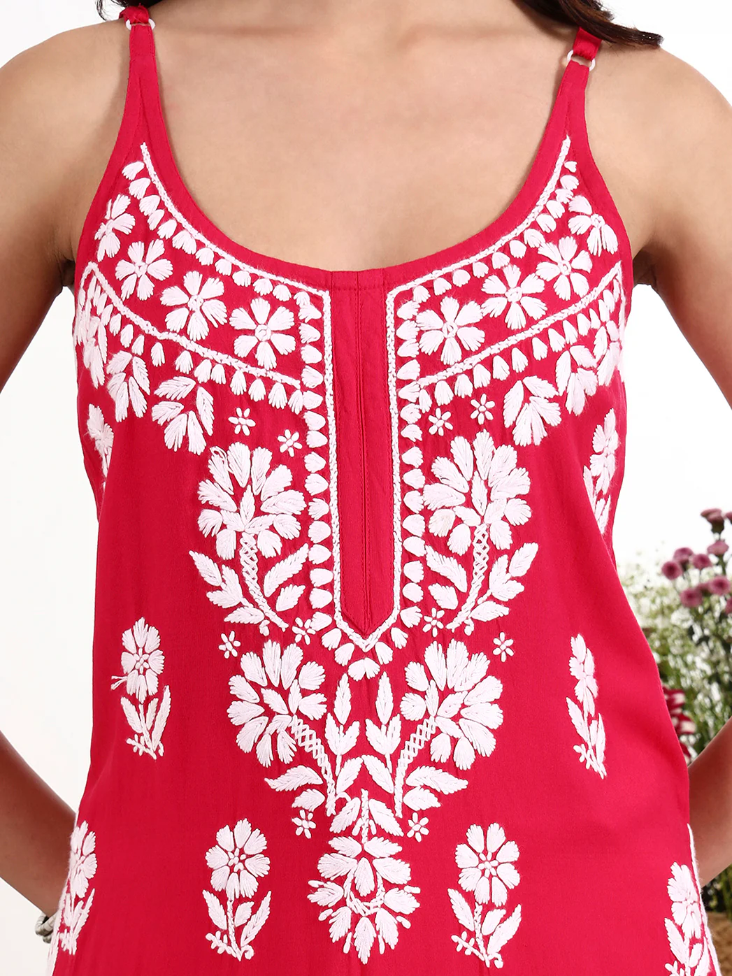 Kamya Rayon Chikankari Strappy Long Kurta - Hot Pink - Image 2