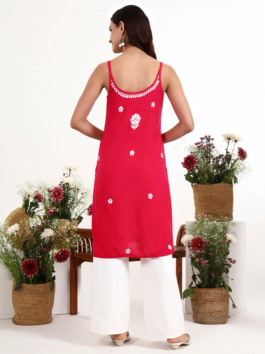 Kamya Rayon Chikankari Strappy Long Kurta - Hot Pink - Image 3