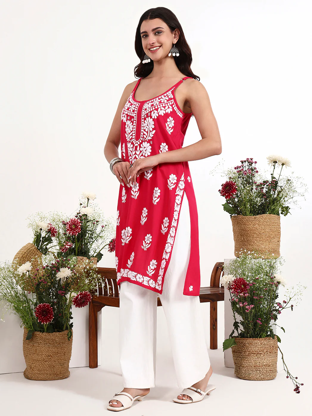 Kamya Rayon Chikankari Strappy Long Kurta - Hot Pink - Image 4