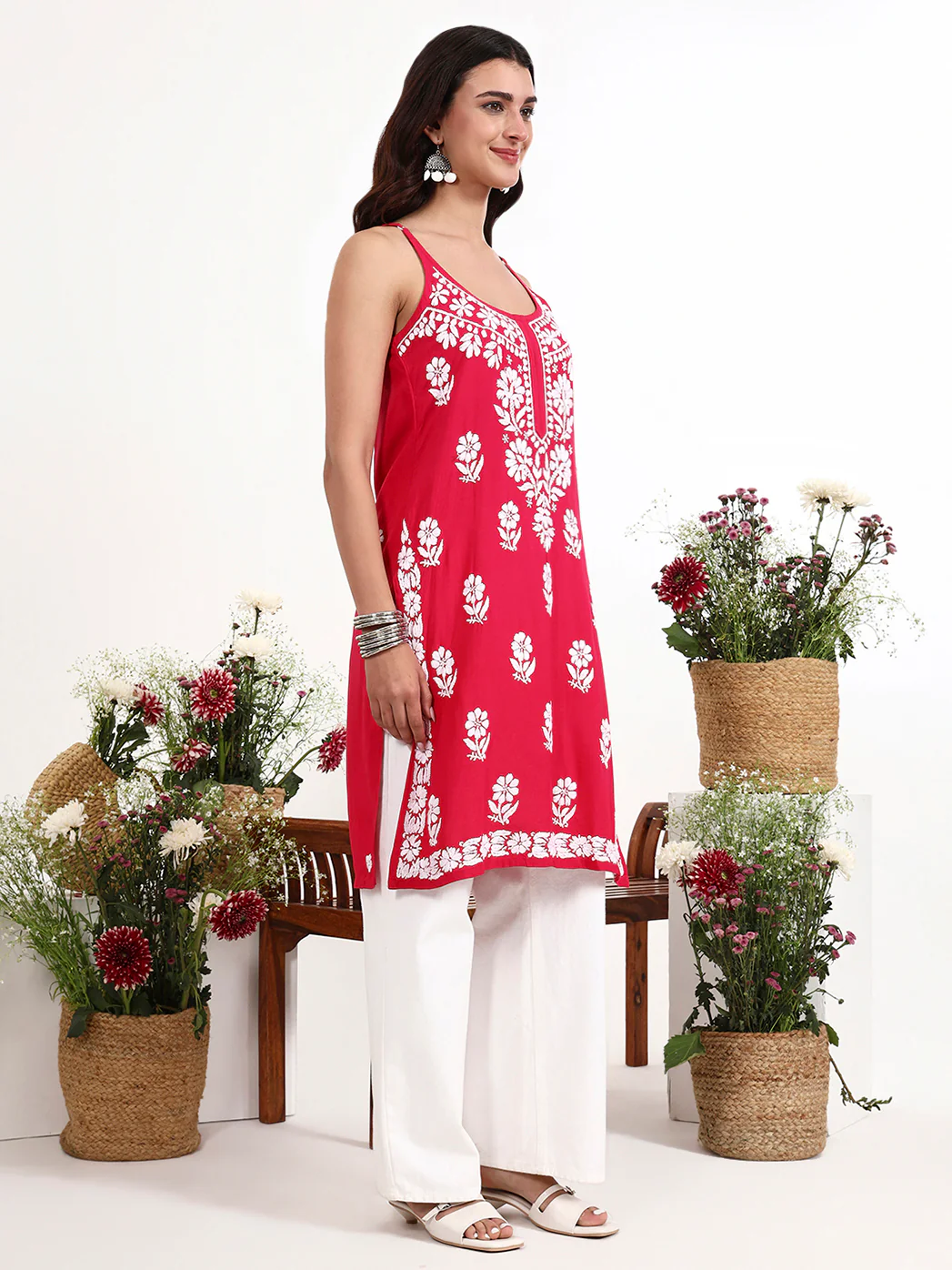 Kamya Rayon Chikankari Strappy Long Kurta - Hot Pink - Image 5