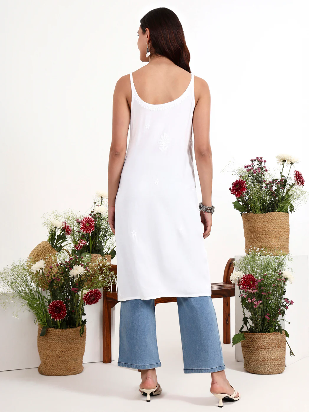 Kamya Rayon Chikankari Strappy Long Kurta - White - Image 3
