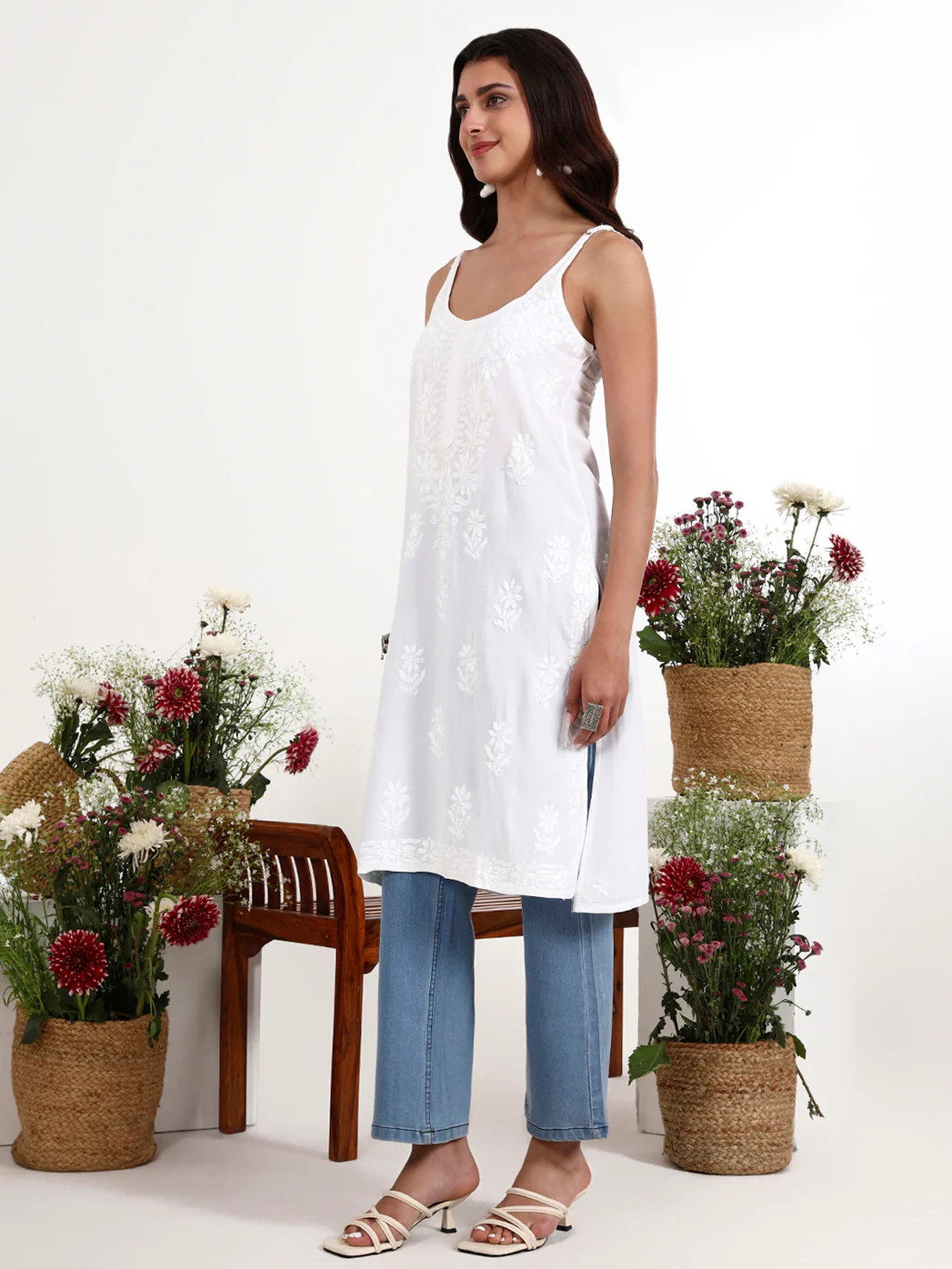 Kamya Rayon Chikankari Strappy Long Kurta - White - Image 4