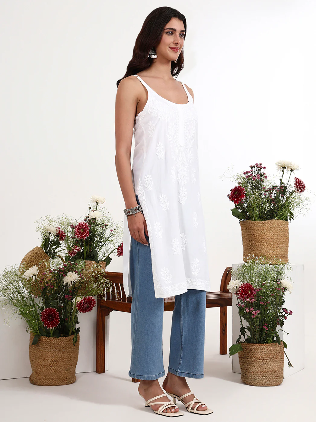 Kamya Rayon Chikankari Strappy Long Kurta - White - Image 5