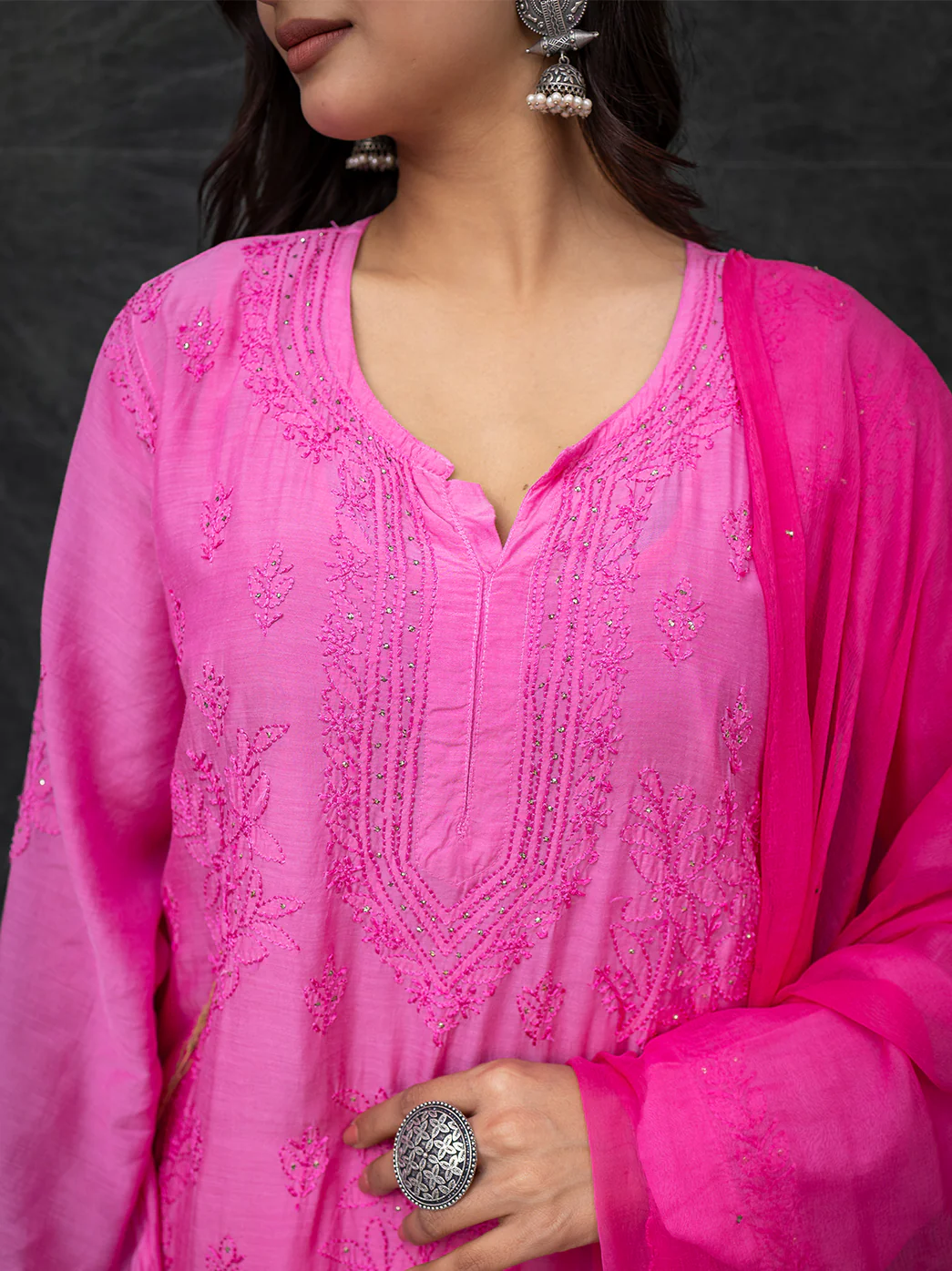 Karima Muslin Chikankari Straight Kurta Set with Dupatta -Pink - Image 2