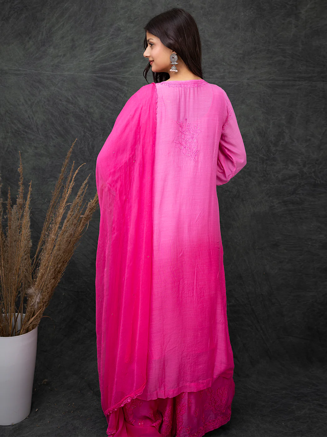 Karima Muslin Chikankari Straight Kurta Set with Dupatta -Pink - Image 3
