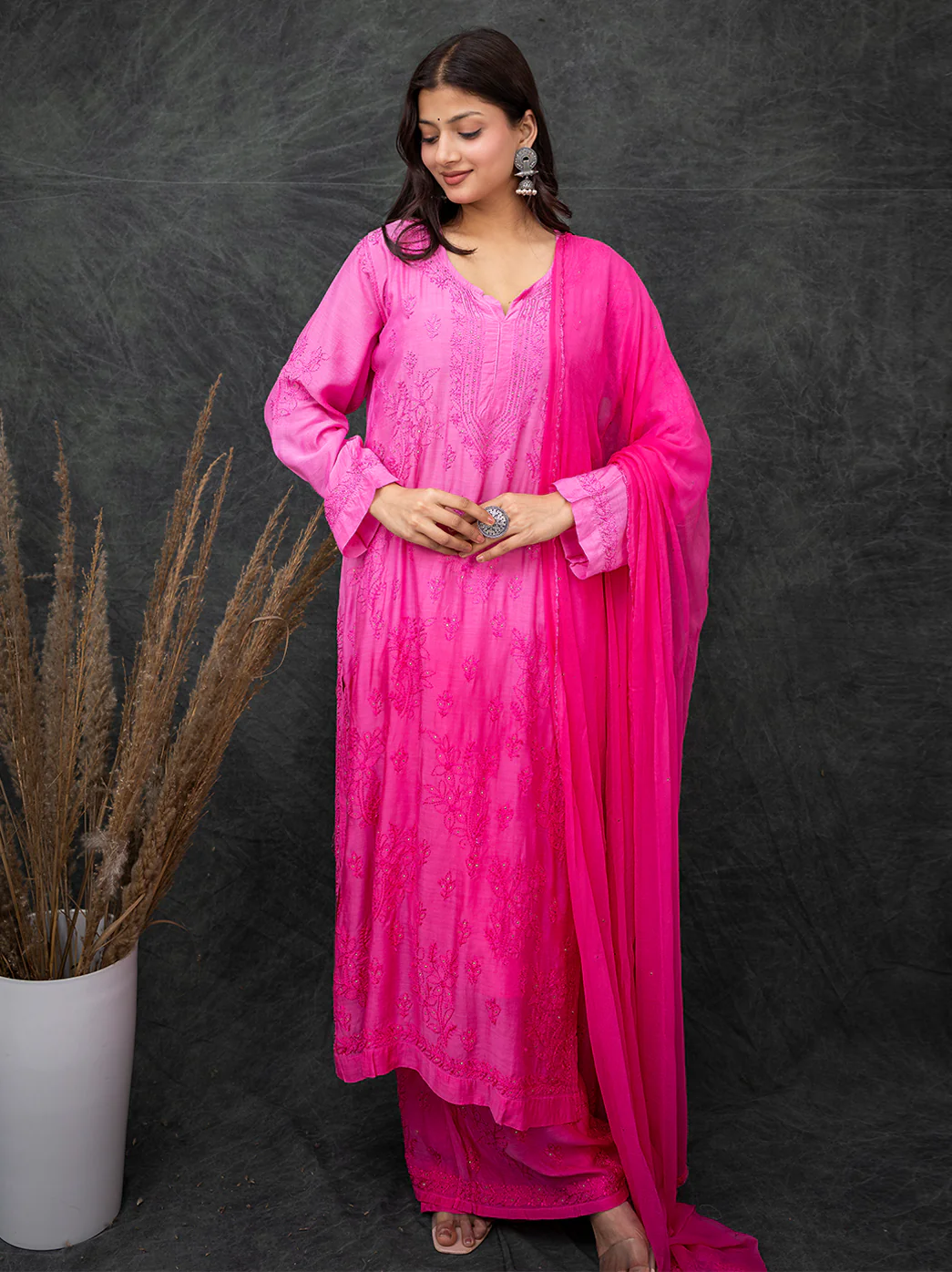 Karima Muslin Chikankari Straight Kurta Set with Dupatta -Pink - Image 4