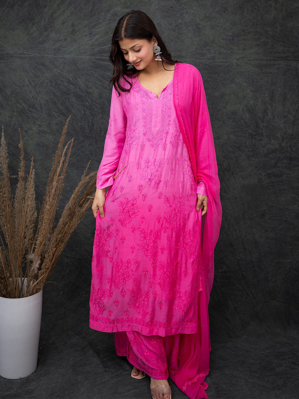 Karima Muslin Chikankari Straight Kurta Set with Dupatta -Pink - Image 5
