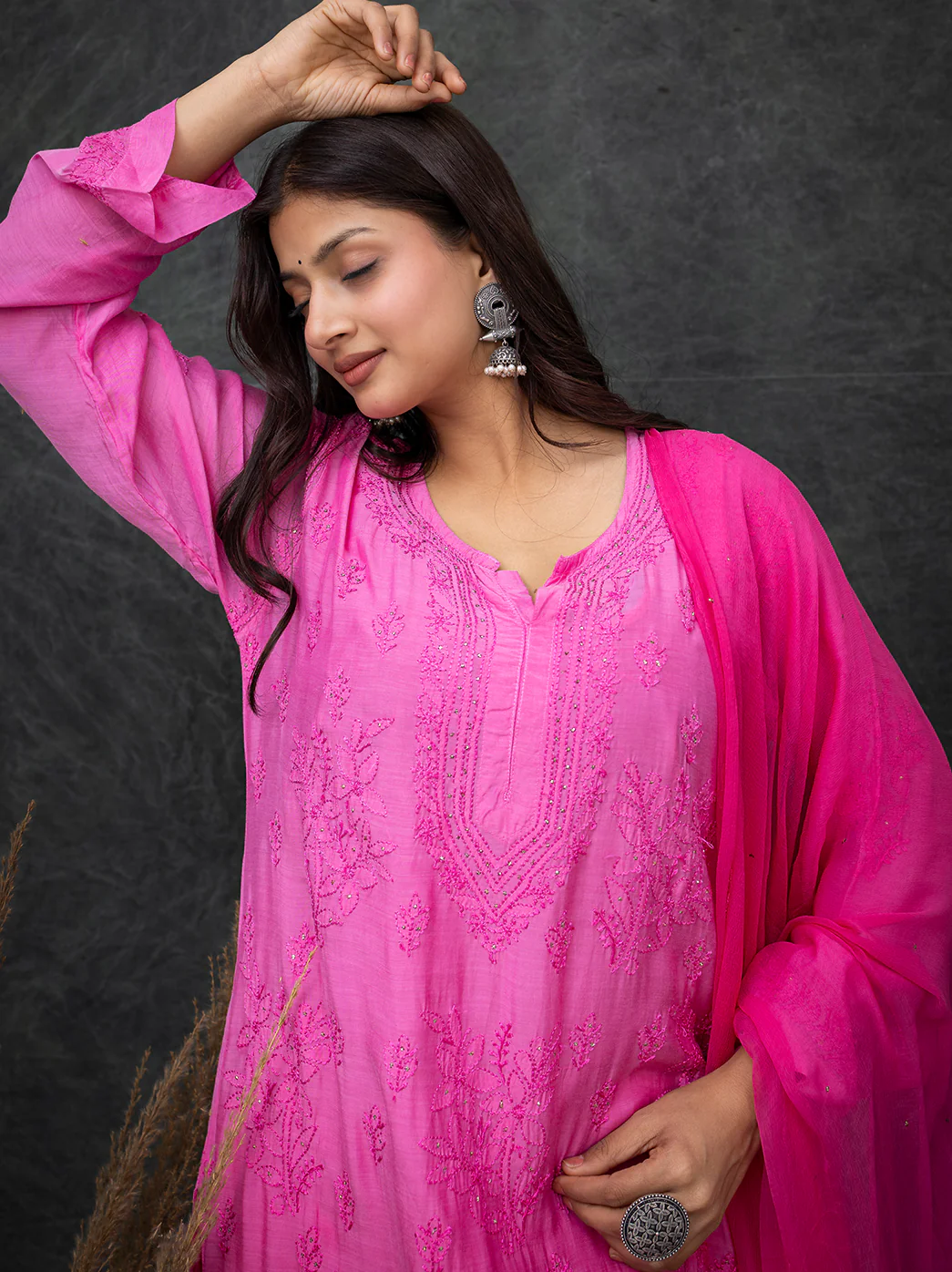 Karima Muslin Chikankari Straight Kurta Set with Dupatta -Pink - Image 6