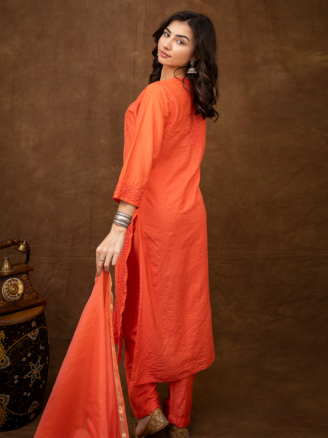 Kriti Chanderi Chikankari Kurta Set with Dupatta - Orange - Image 3