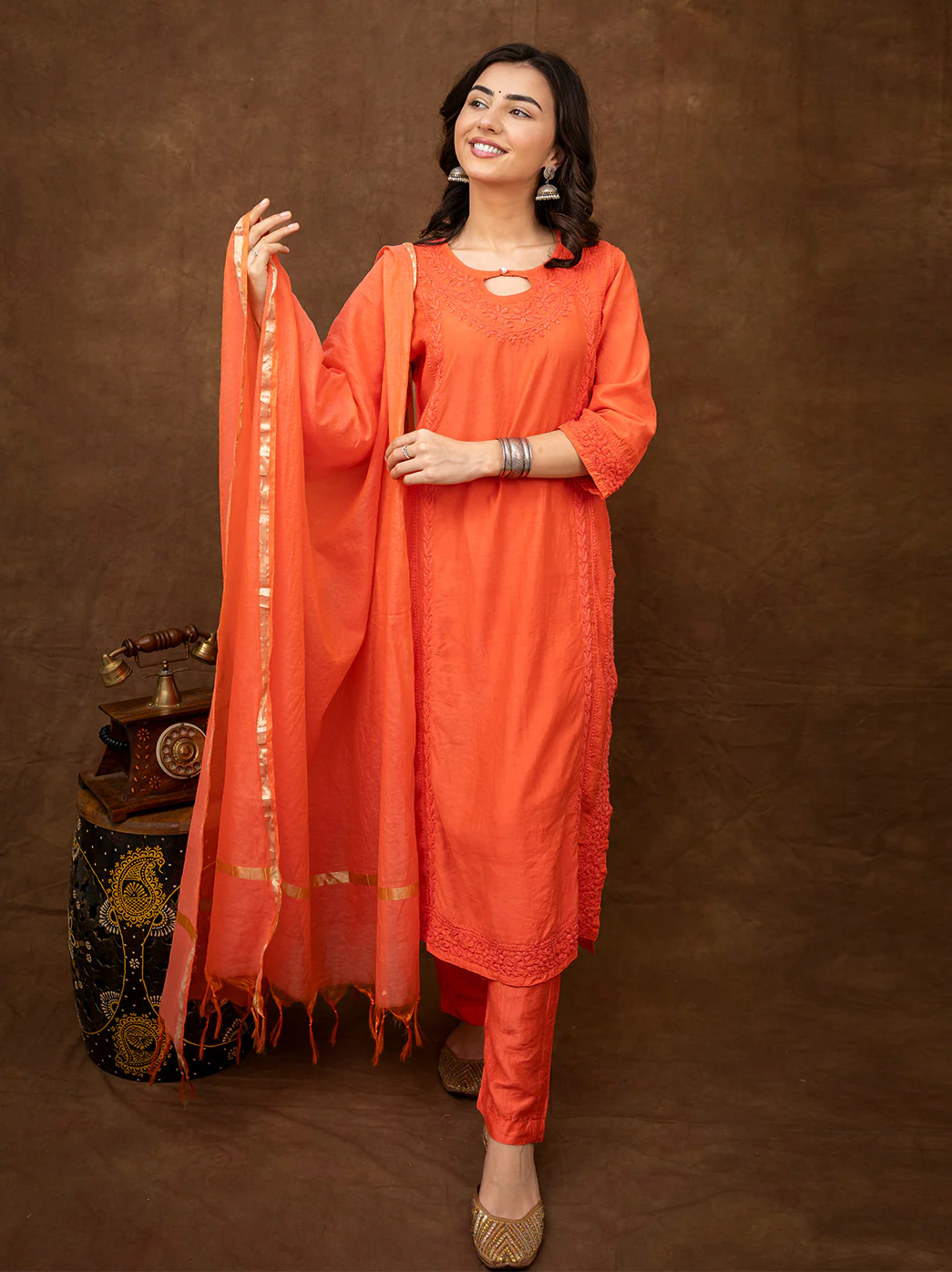 Kriti Chanderi Chikankari Kurta Set with Dupatta - Orange - Image 4