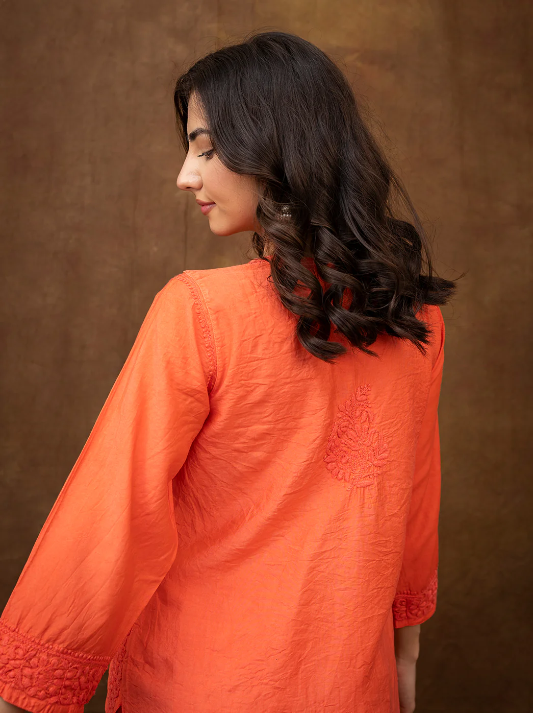 Kriti Chanderi Chikankari Kurta Set with Dupatta - Orange - Image 5