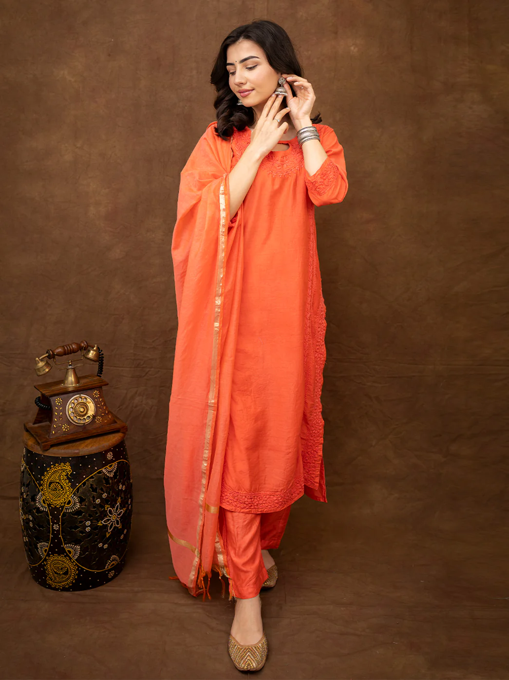 Kriti Chanderi Chikankari Kurta Set with Dupatta - Orange - Image 6