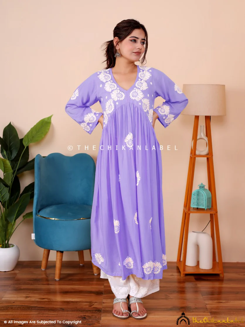 Aina Modal Chikankari Alia Cut A-Line Kurti -Lavender - Image 4