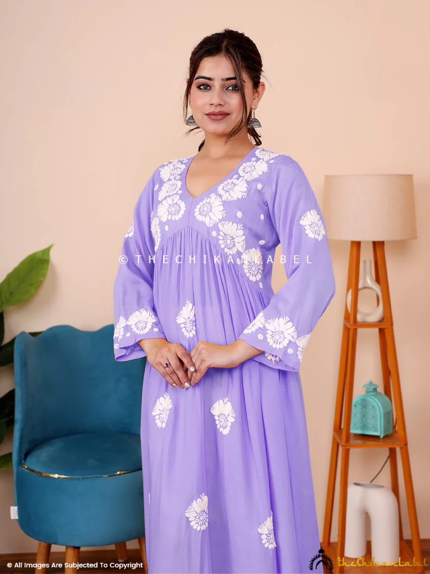 Aina Modal Chikankari Alia Cut A-Line Kurti -Lavender - Image 5