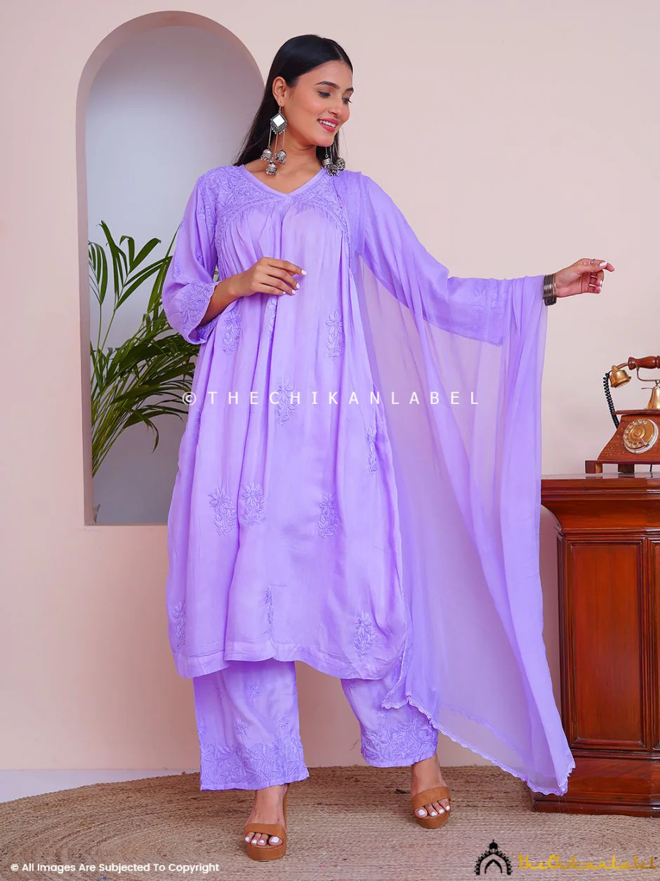 Alia Muslin Chikankari Kurta Set with Dupatta - Lavender - Image 4