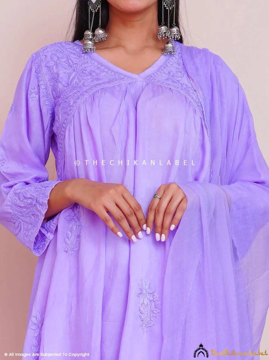 Alia Muslin Chikankari Kurta Set with Dupatta - Lavender - Image 5