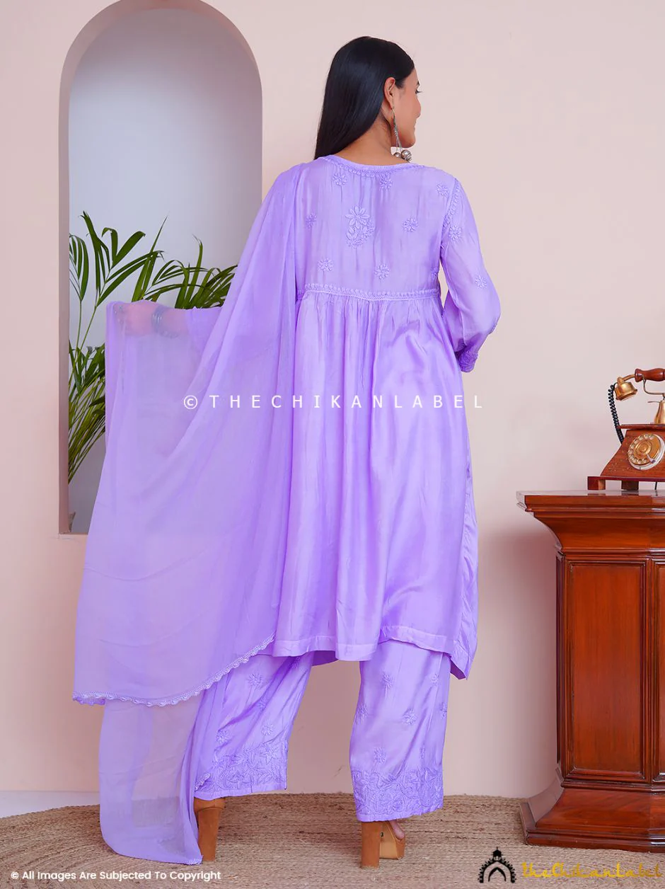 Alia Muslin Chikankari Kurta Set with Dupatta - Lavender - Image 6