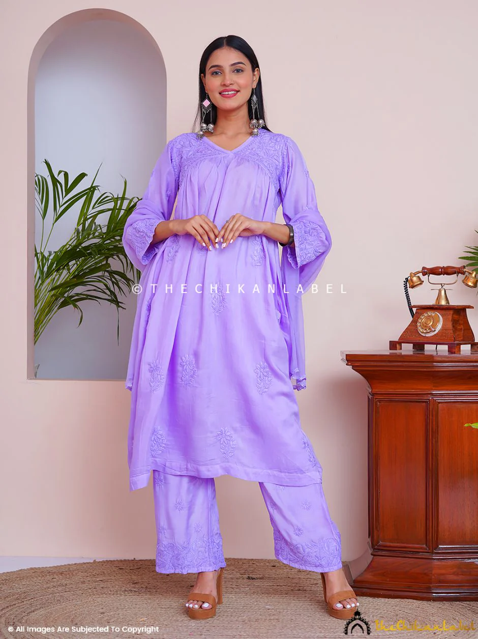 Alia Muslin Chikankari Kurta Set with Dupatta - Lavender - Image 7