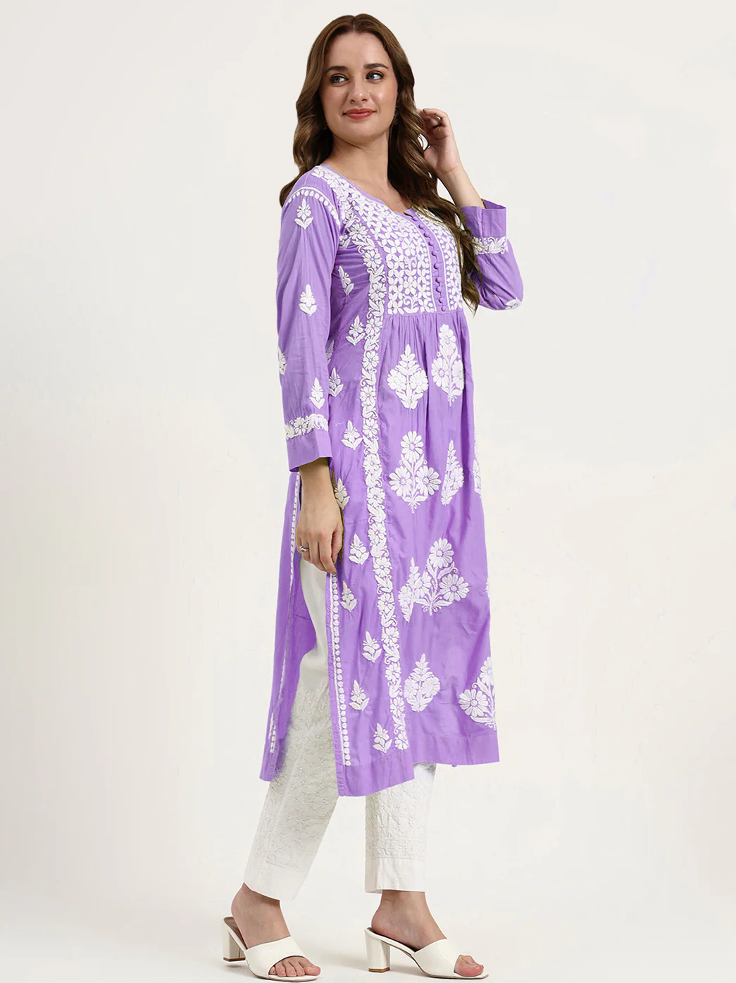Amulya Cotton Chikankari Nyra Cut Straight Kurti - Lavender - Image 4