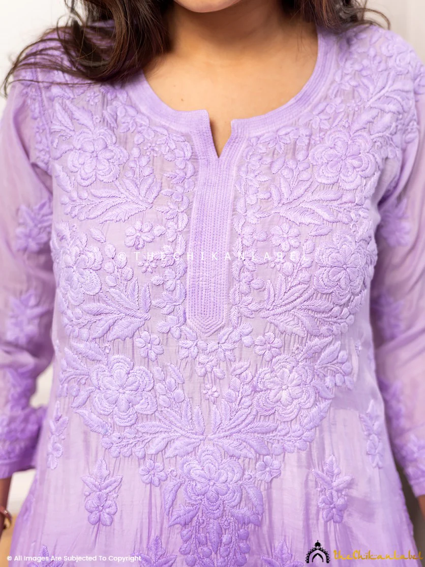 Asmeet Muslin Chikankari Straight Kurti-Lavender - Image 2