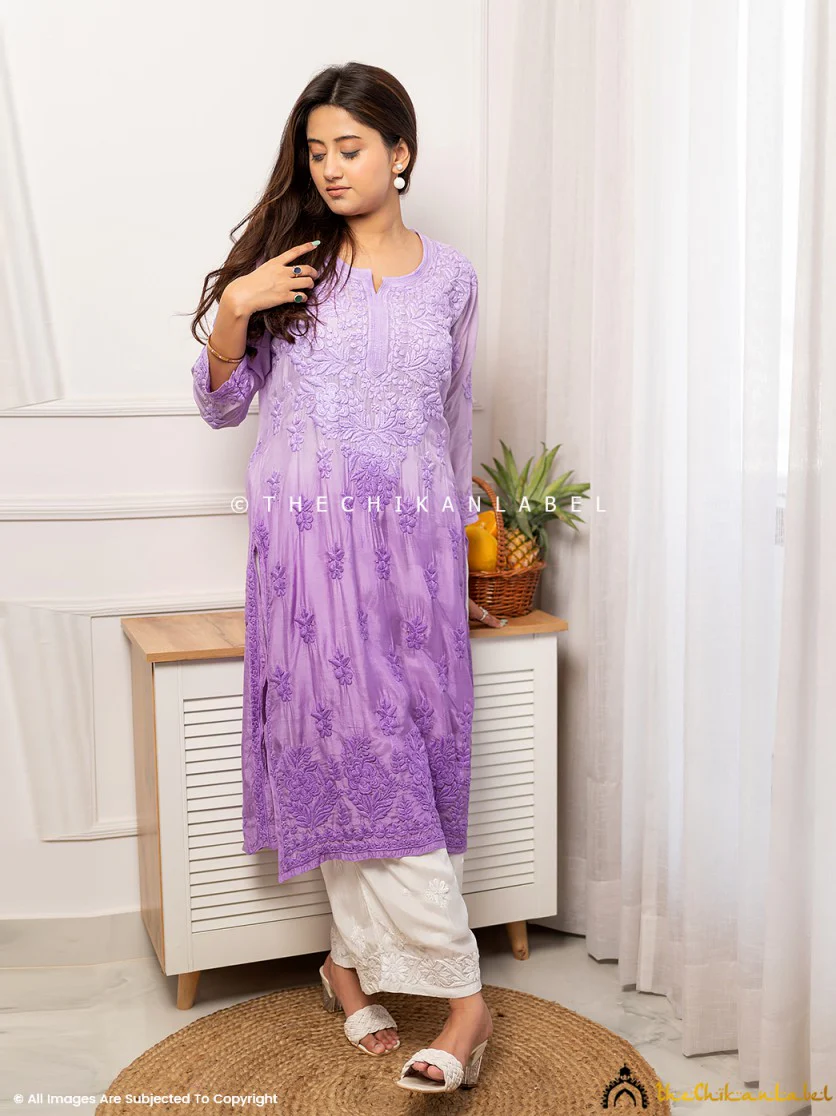 Asmeet Muslin Chikankari Straight Kurti-Lavender - Image 5