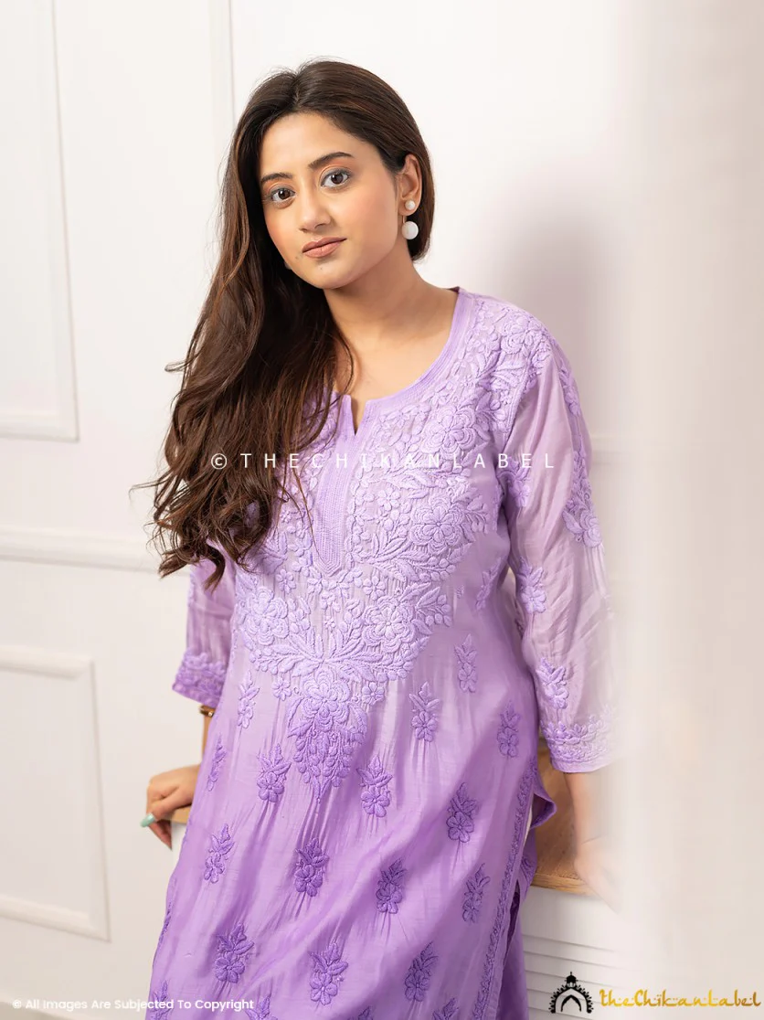 Asmeet Muslin Chikankari Straight Kurti-Lavender - Image 7