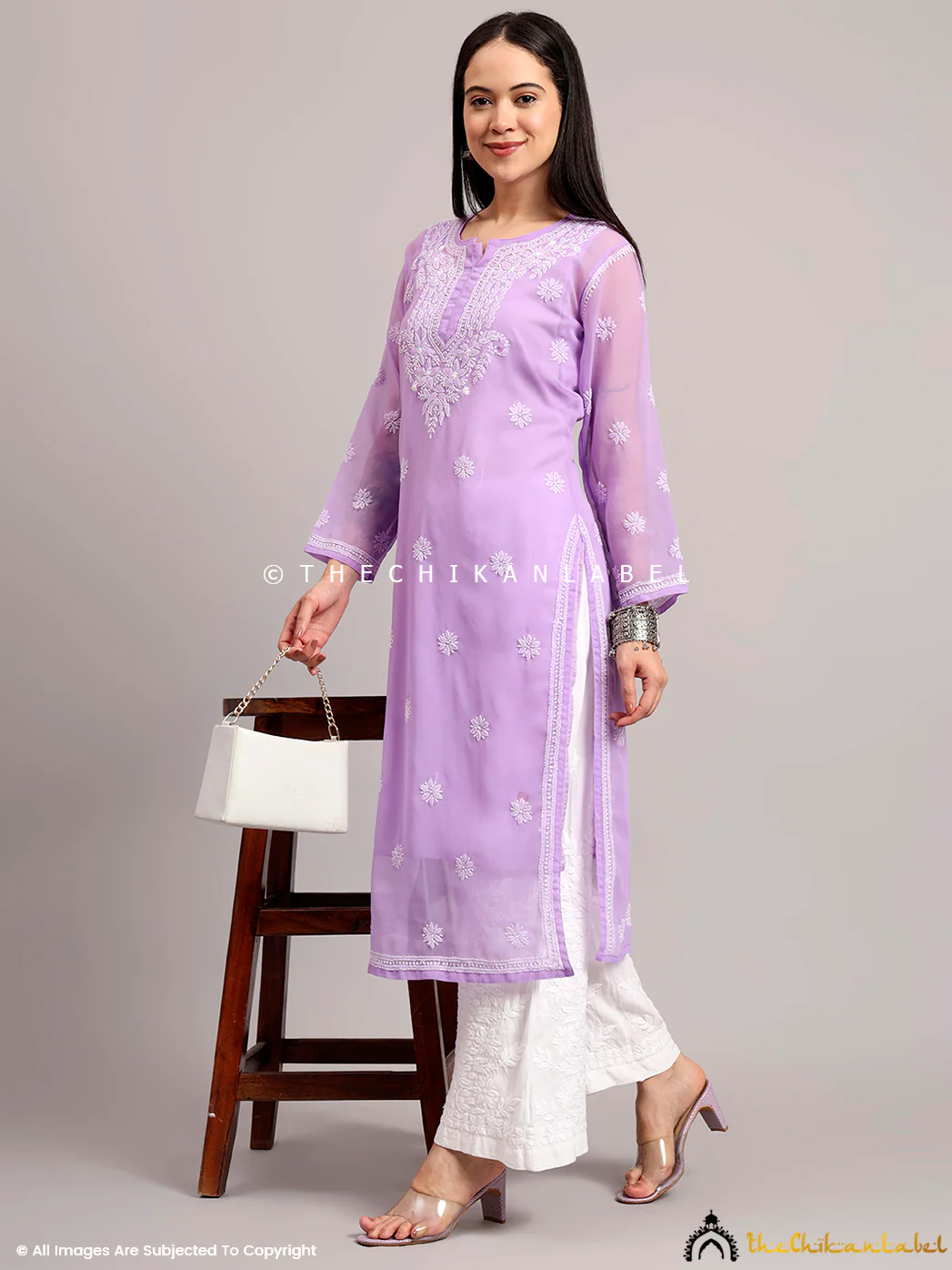 Darshana Georgette Chikankari Straight Kurti with Inner - Lavender - Image 6