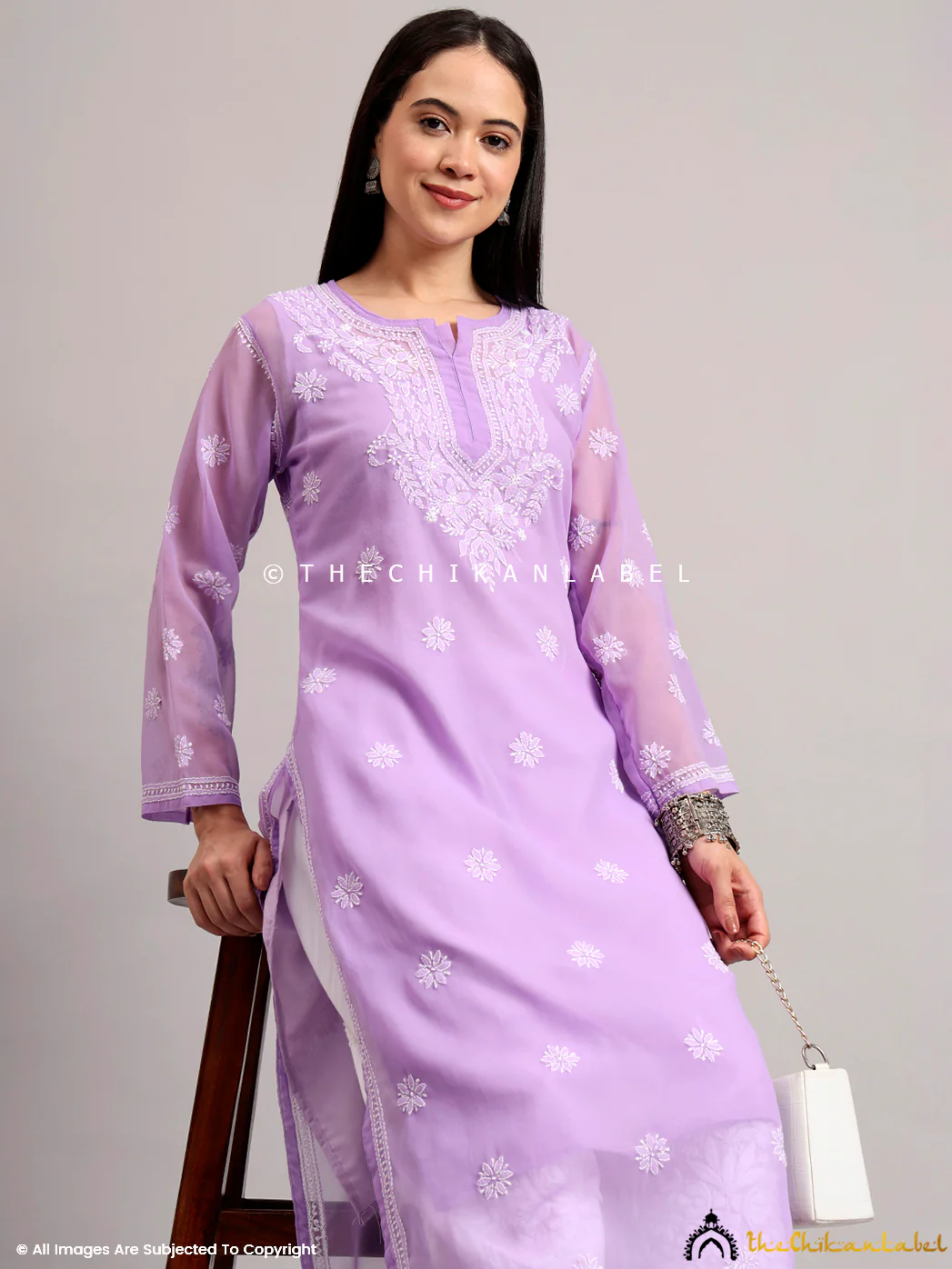 Darshana Georgette Chikankari Straight Kurti with Inner - Lavender - Image 7