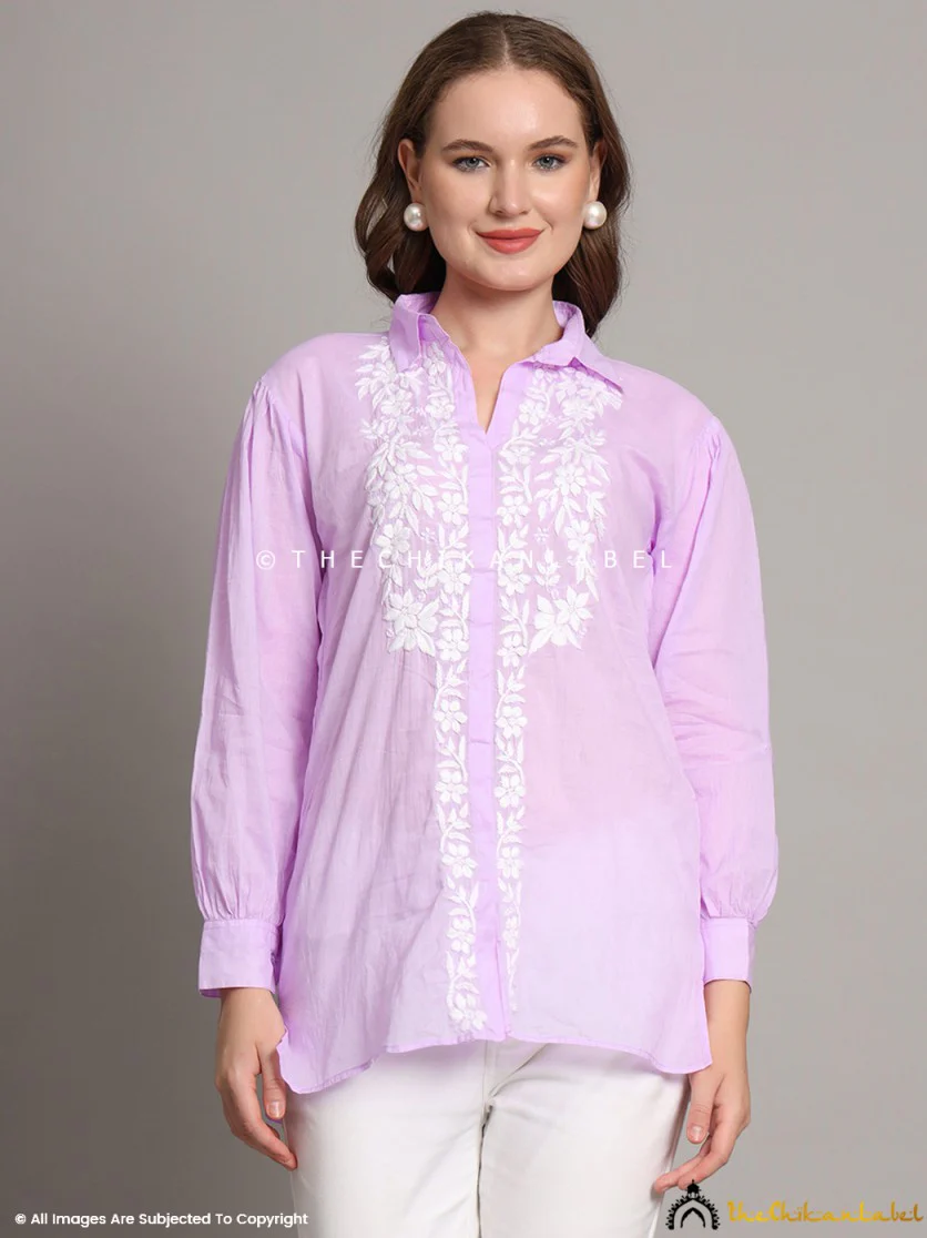 Drisha Mulmul Cotton Chikankari Shirt - Lavender - Image 4