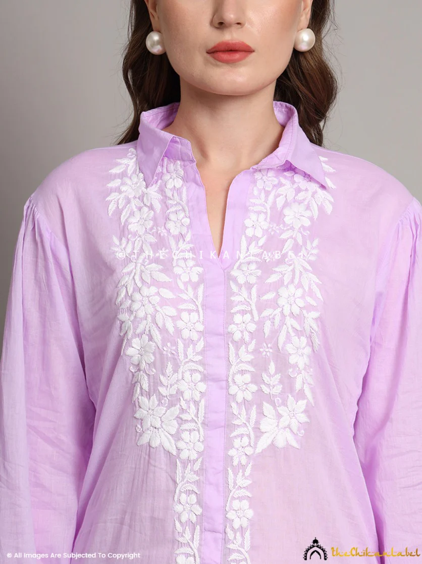 Drisha Mulmul Cotton Chikankari Shirt - Lavender - Image 5