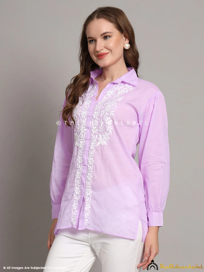 Drisha Mulmul Cotton Chikankari Shirt - Lavender - Image 7