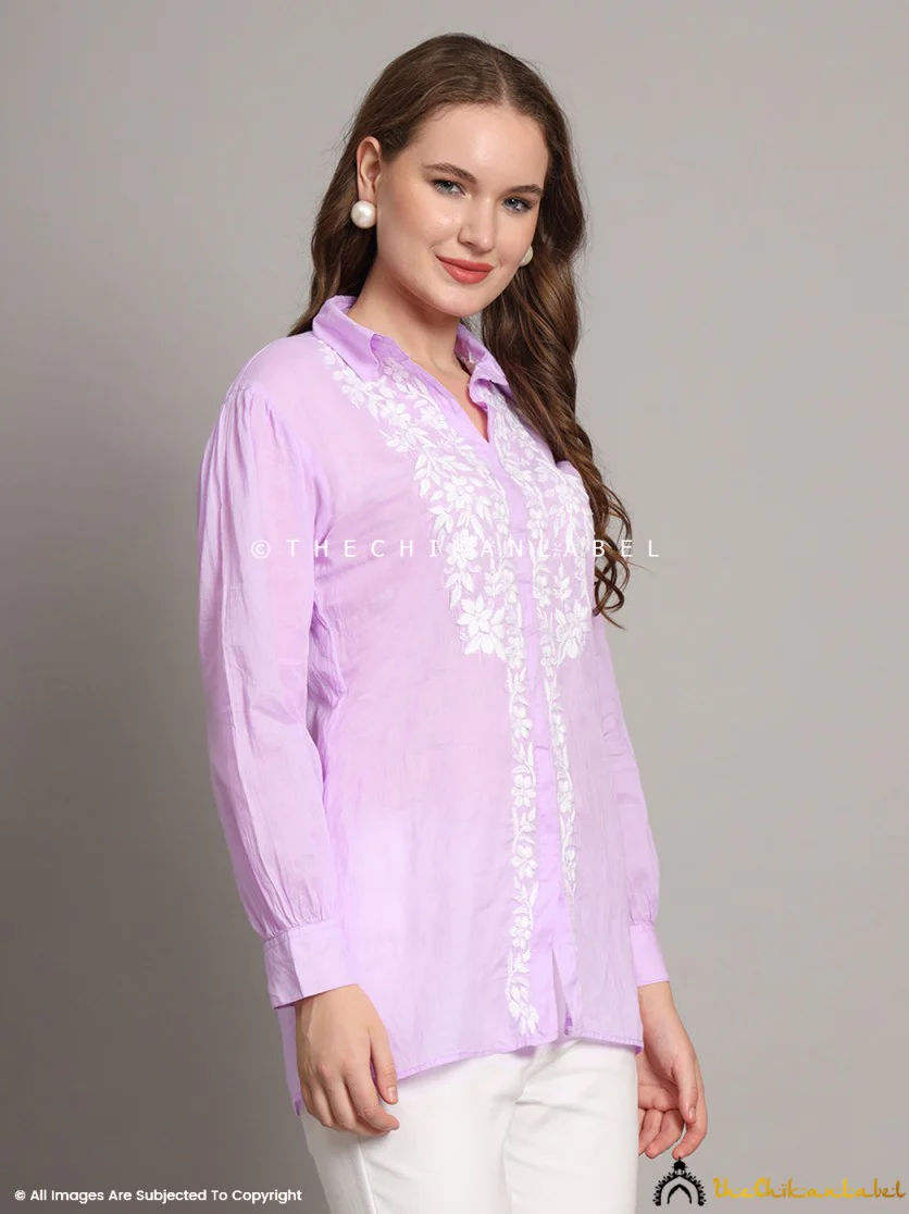 Drisha Mulmul Cotton Chikankari Shirt - Lavender - Image 8