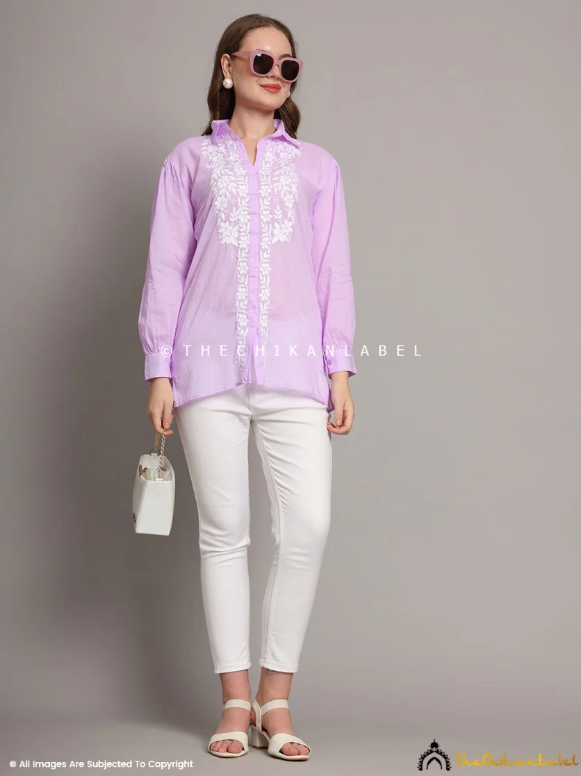 Drisha Mulmul Cotton Chikankari Shirt - Lavender - Image 9