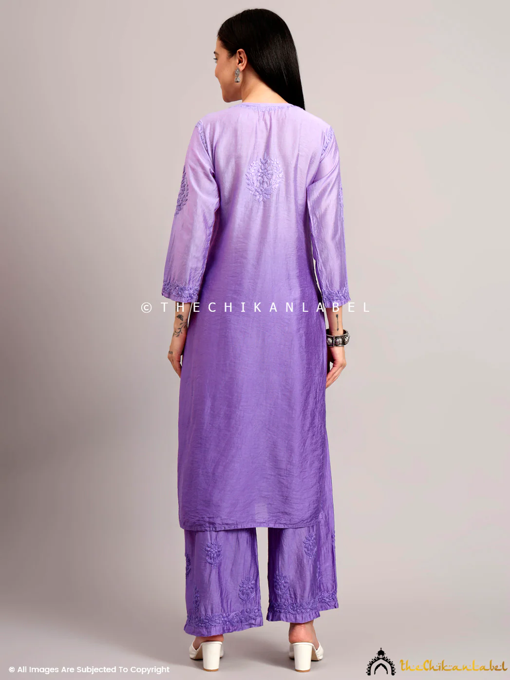 Gehna Chanderi Chikankari Kurti Palazzo Set - Lavender - Image 3