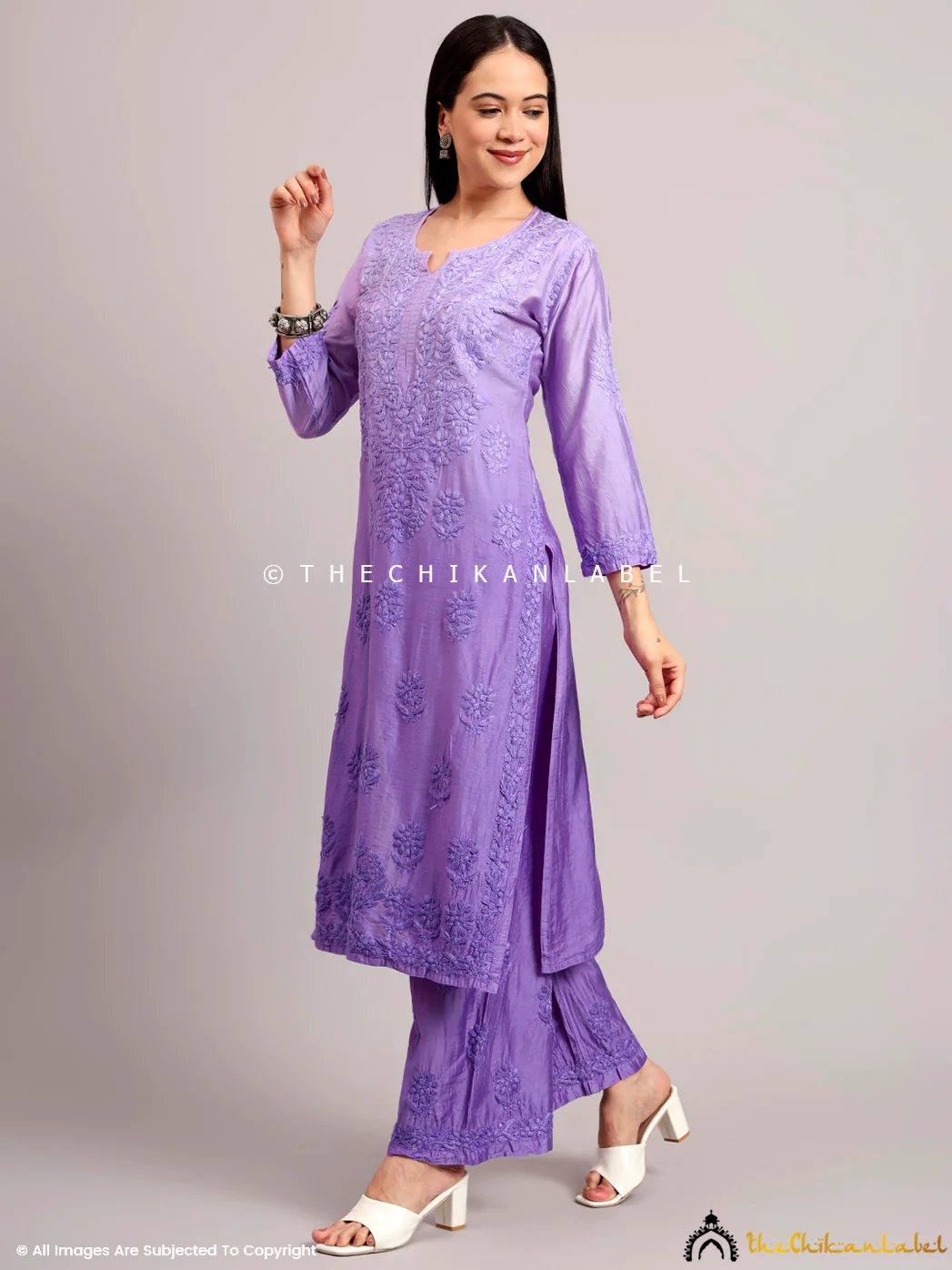 Gehna Chanderi Chikankari Kurti Palazzo Set - Lavender - Image 4