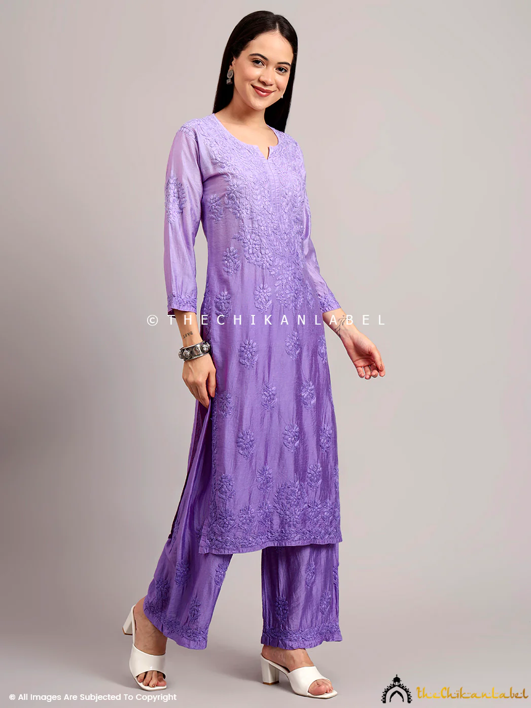 Gehna Chanderi Chikankari Kurti Palazzo Set - Lavender - Image 5