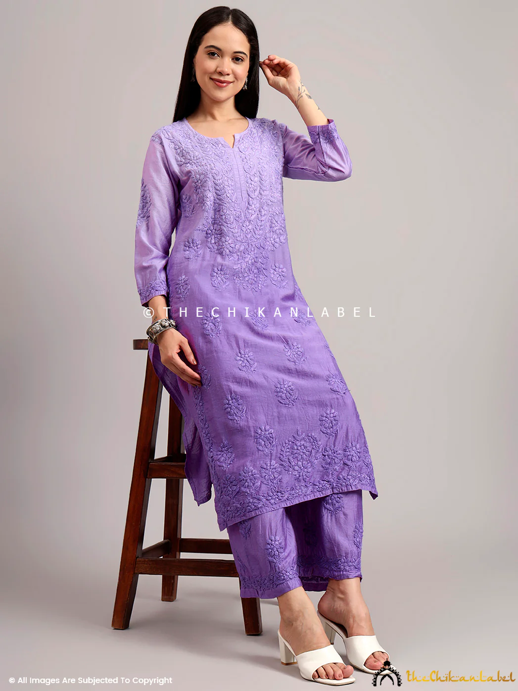 Gehna Chanderi Chikankari Kurti Palazzo Set - Lavender - Image 6