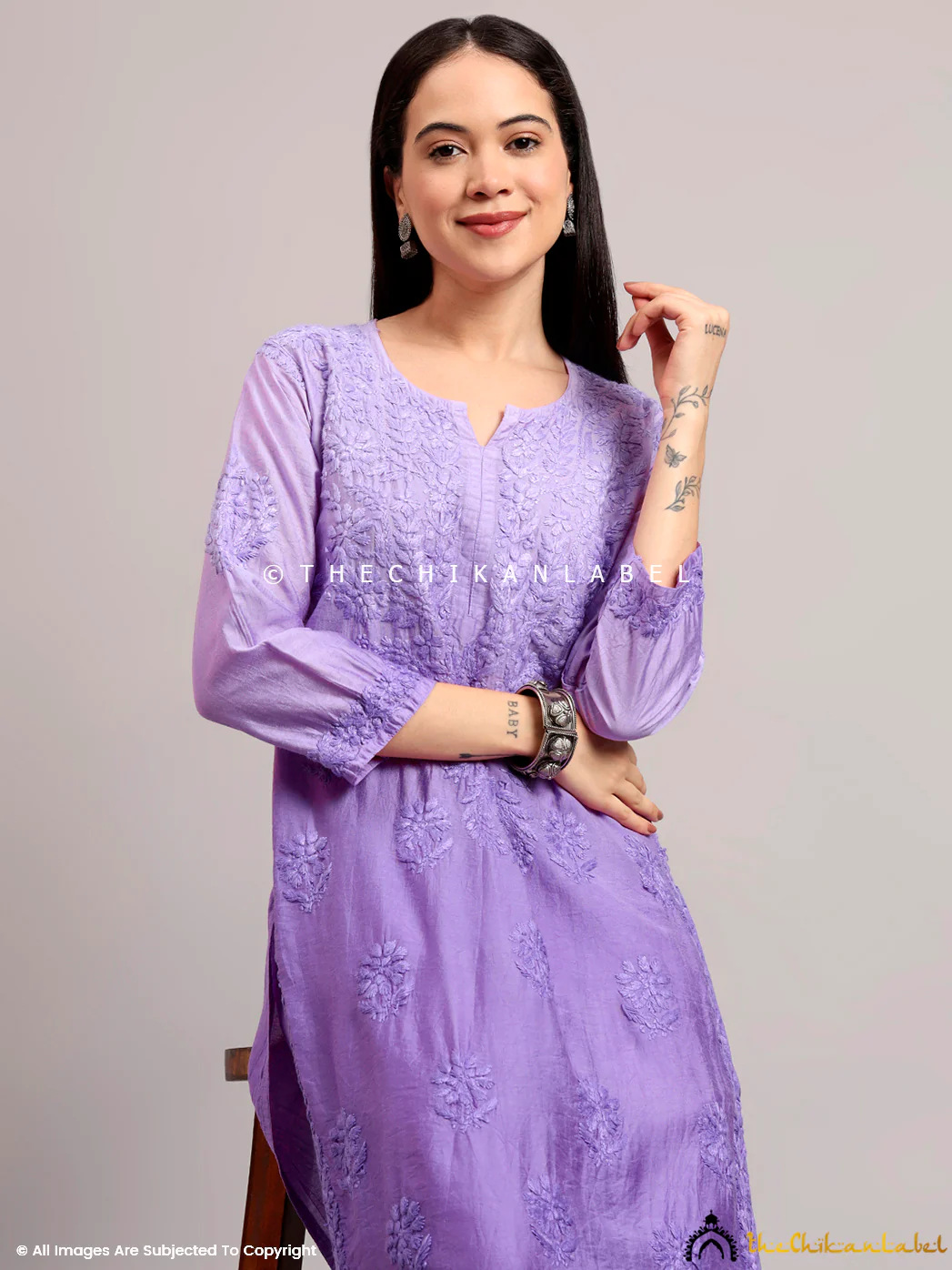 Gehna Chanderi Chikankari Kurti Palazzo Set - Lavender - Image 7