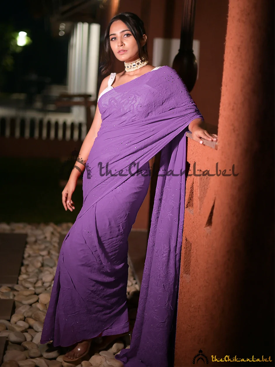 Lavender Heer Viscose Chikankari Saree - Image 3