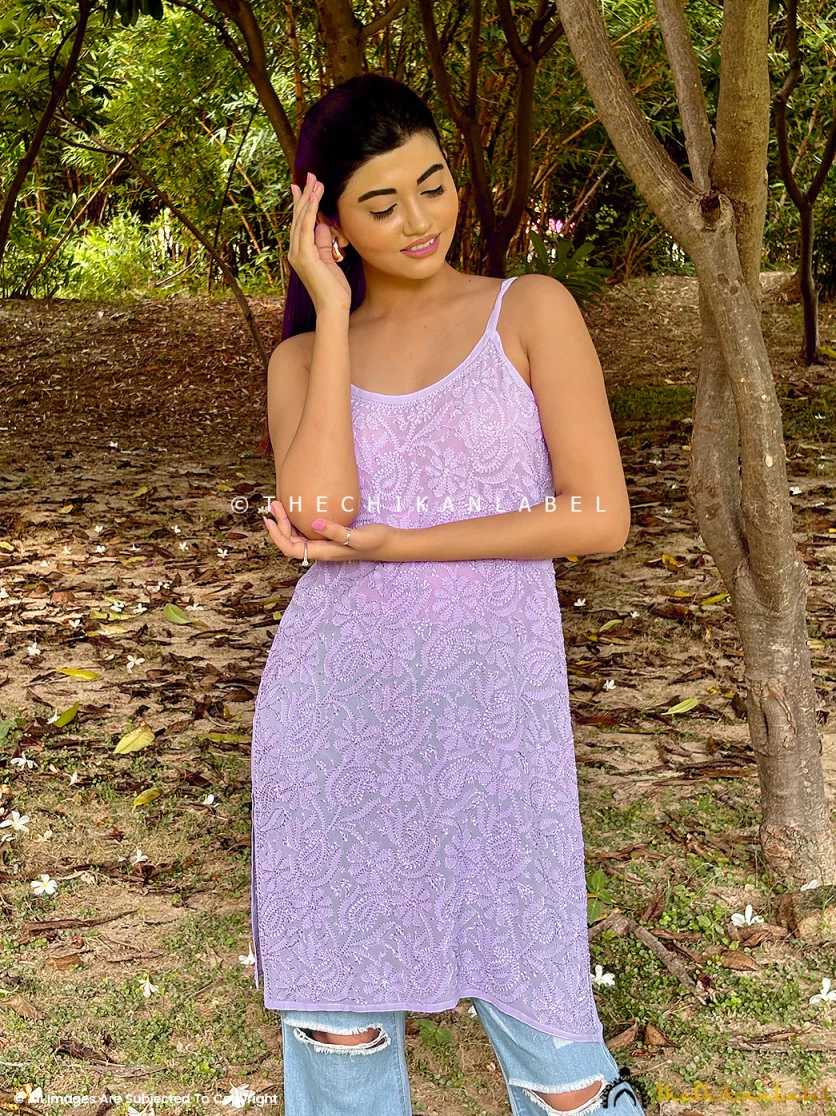Lavender Jia Viscose Chikankari Strappy Short Kurta - Image 2