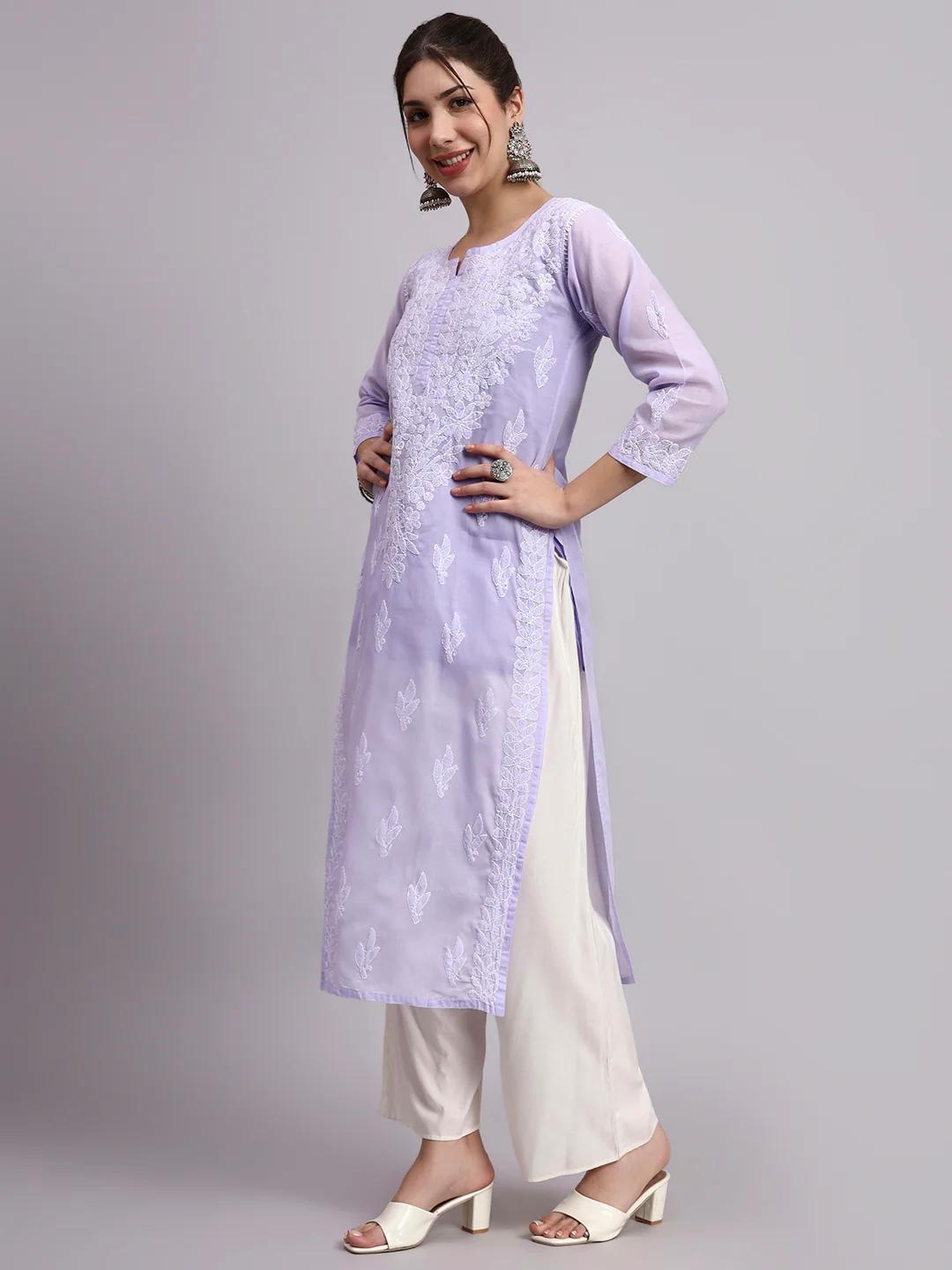 Lavender Layla Cotton Chikankari Straight Kurti with inner - Image 2