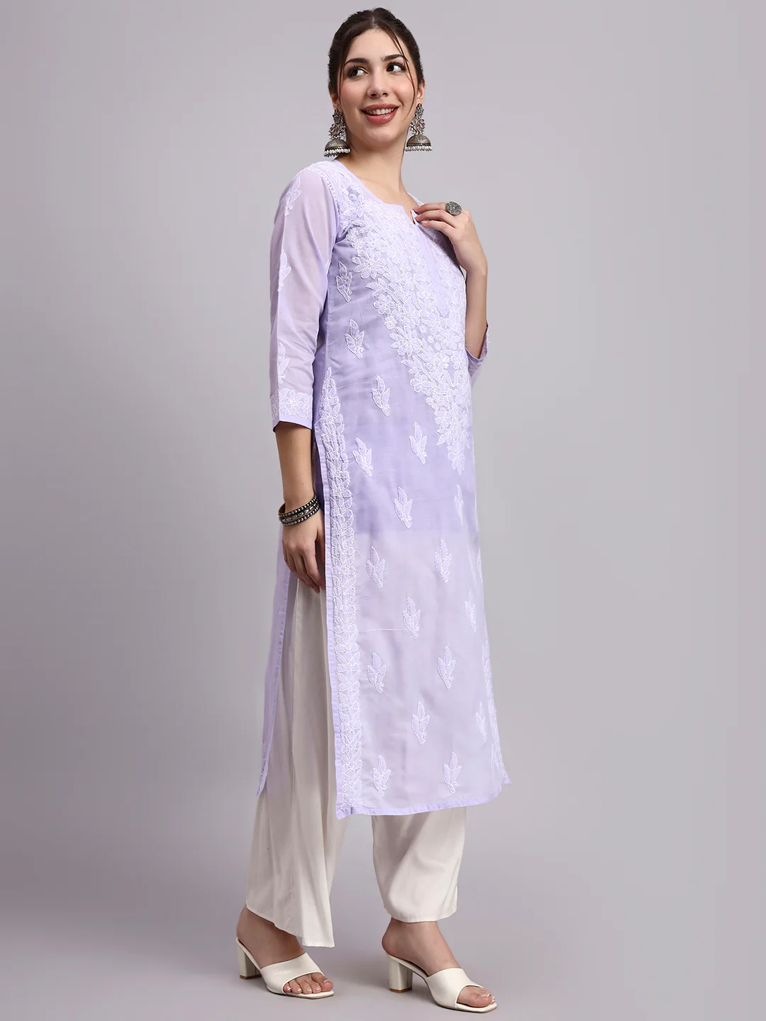 Lavender Layla Cotton Chikankari Straight Kurti with inner - Image 3