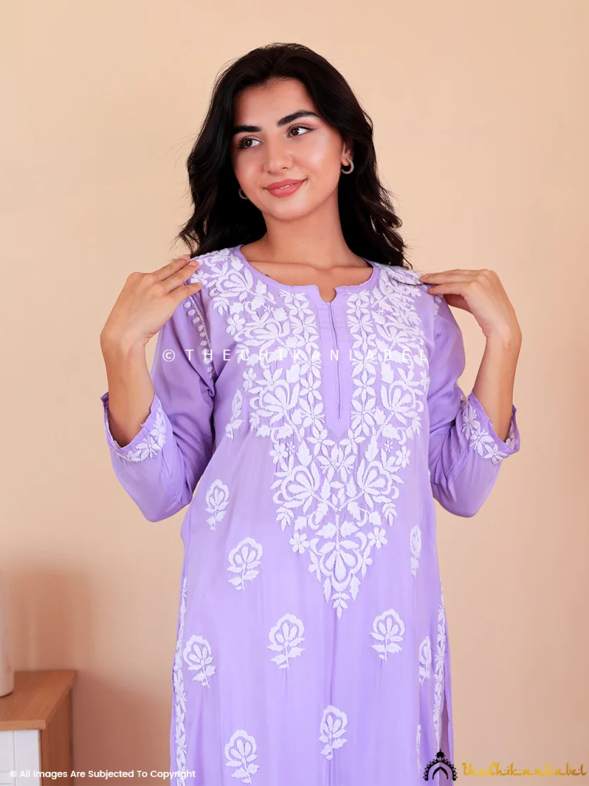 Lavender Mahika Modal Chikankari Straight Kurti - Image 2