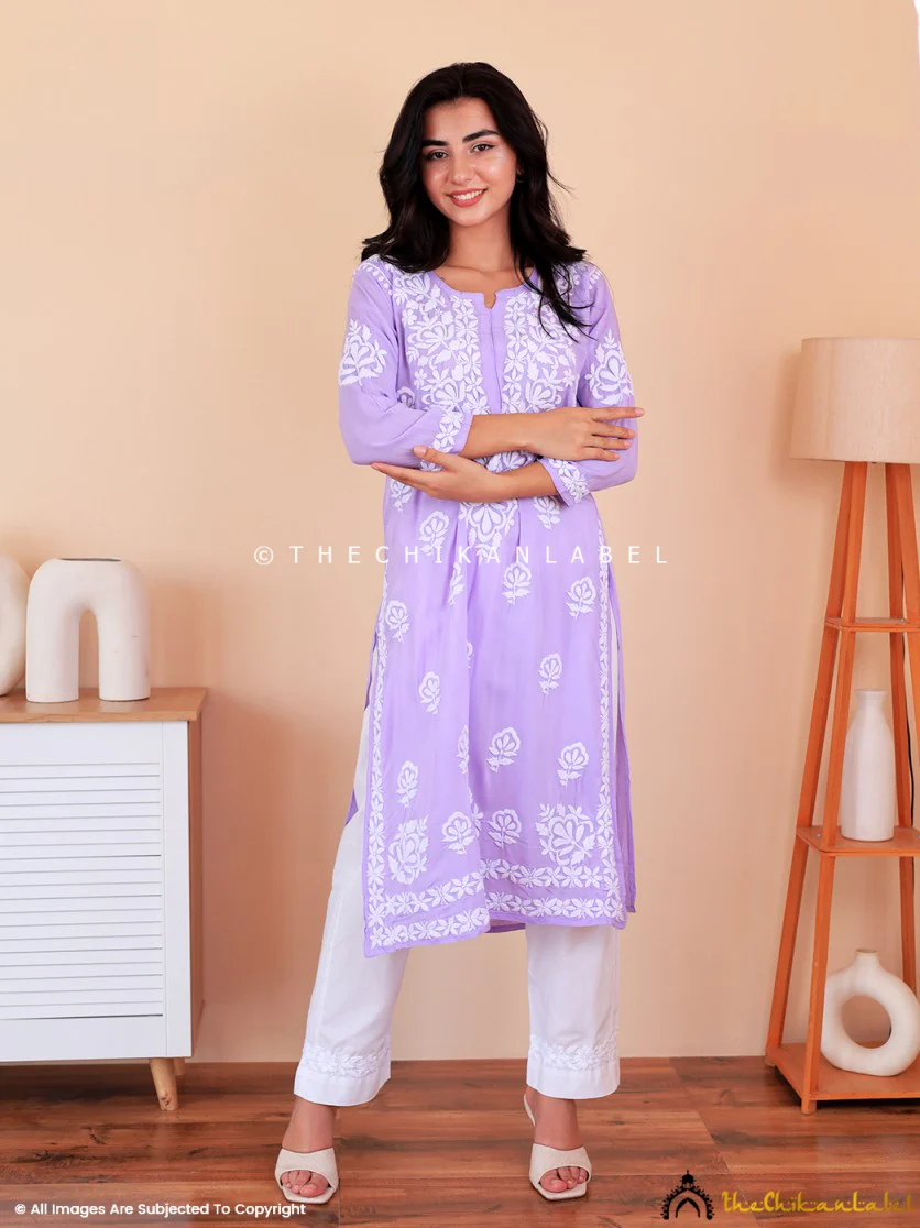 Lavender Mahika Modal Chikankari Straight Kurti - Image 3
