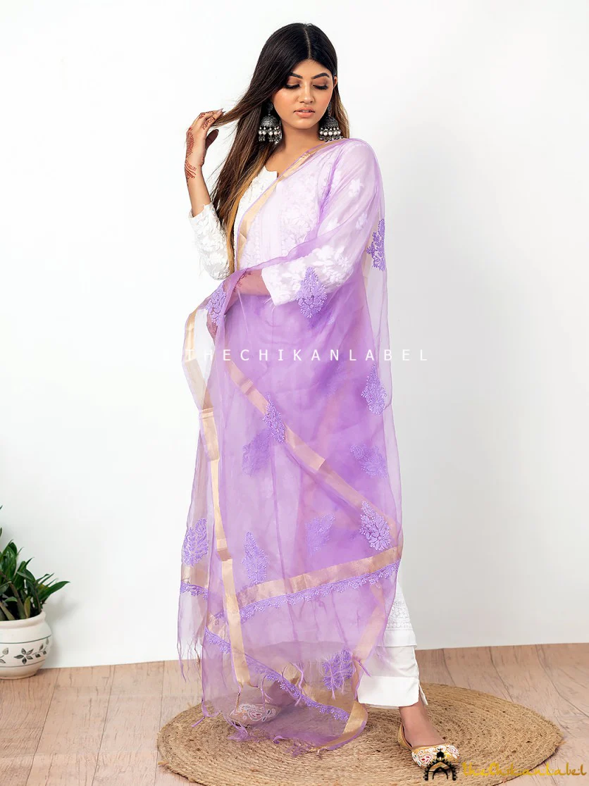 Lavender Organza Chikankari Dupatta Lucknawi Chikan Handmade Stole Scarf - Image 3